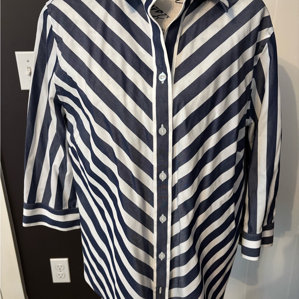 Chico's Navy and White Diagonal Stripe Button-Up Blouse